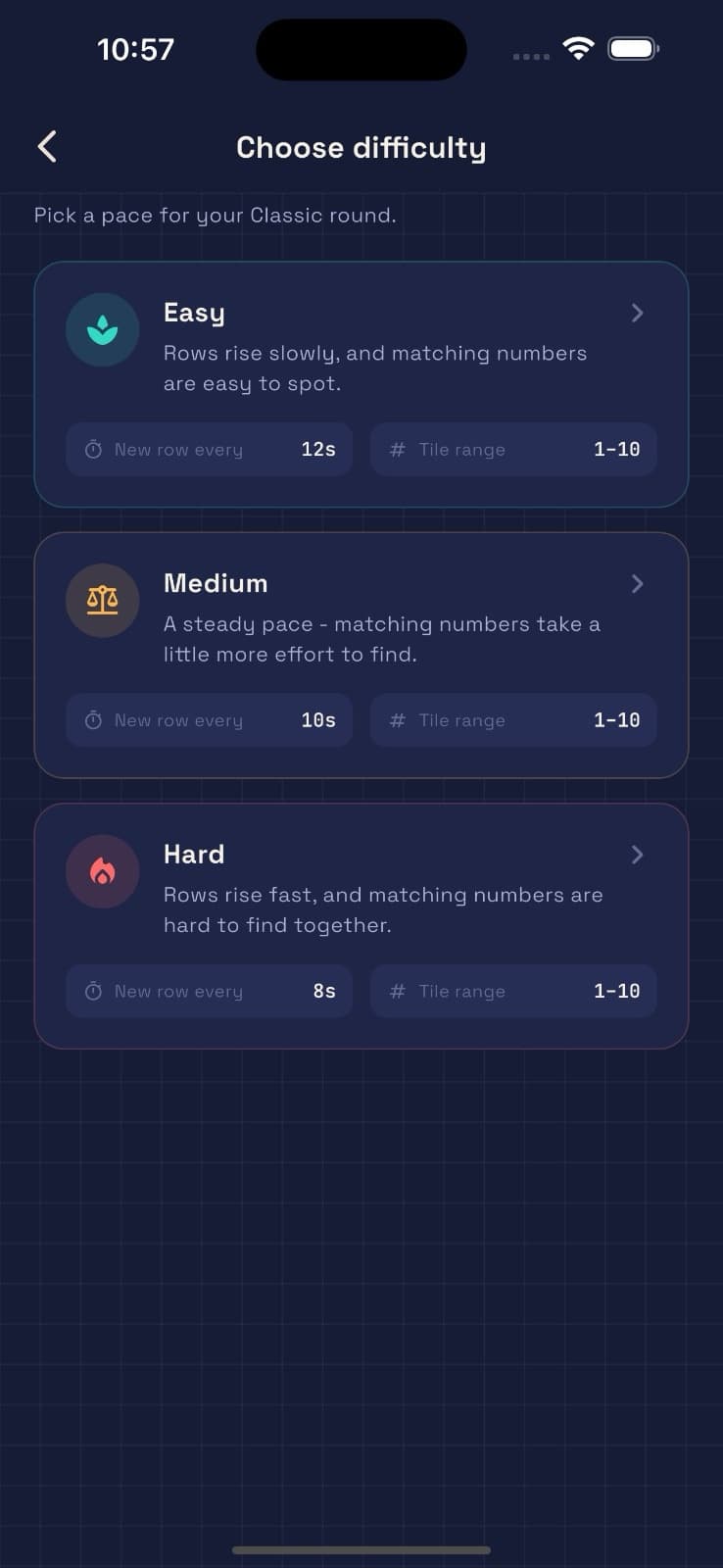 Pairoma difficulty selection screen with Easy, Medium, and Hard options