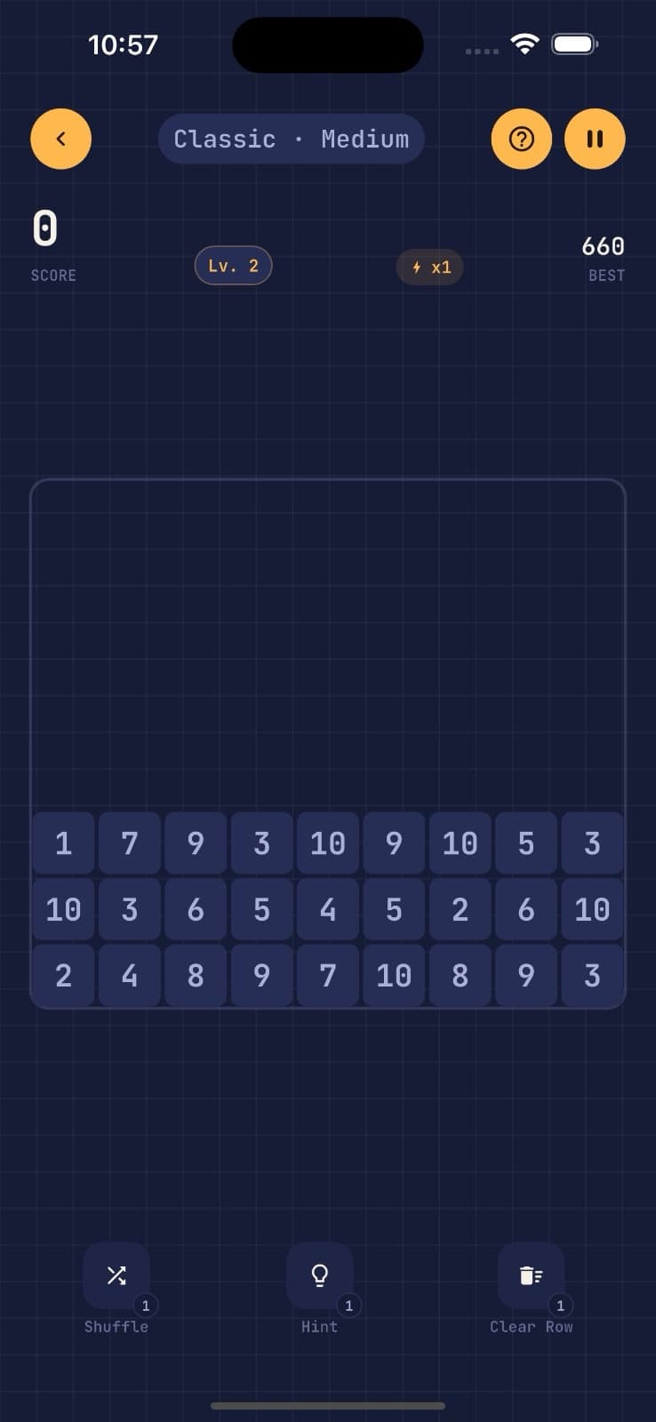 Pairoma Classic mode gameplay board with number tiles and power-ups