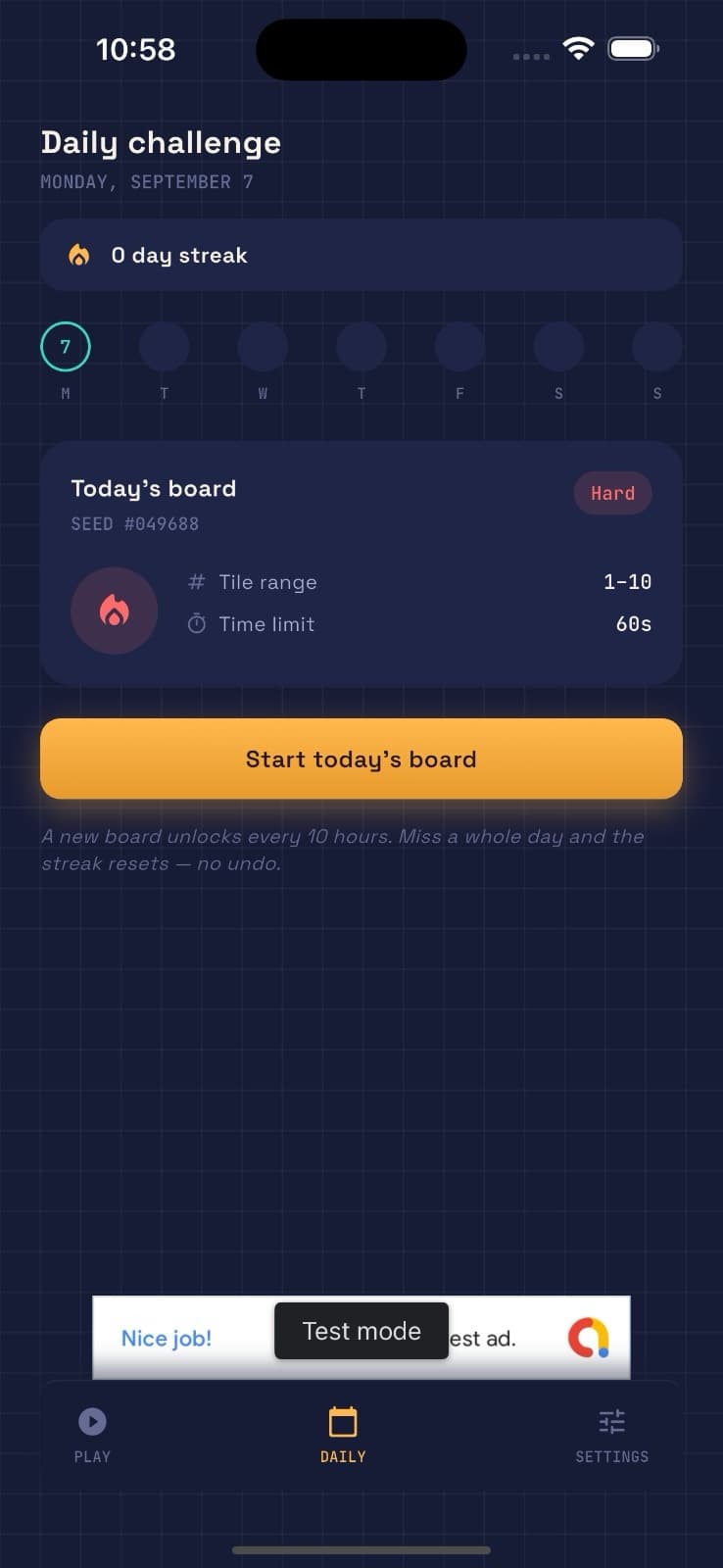 Pairoma Daily Challenge screen with streak tracker and today's board