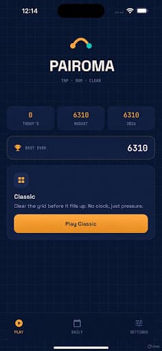 Pairoma home screen showing level, best score, and the Play Classic button